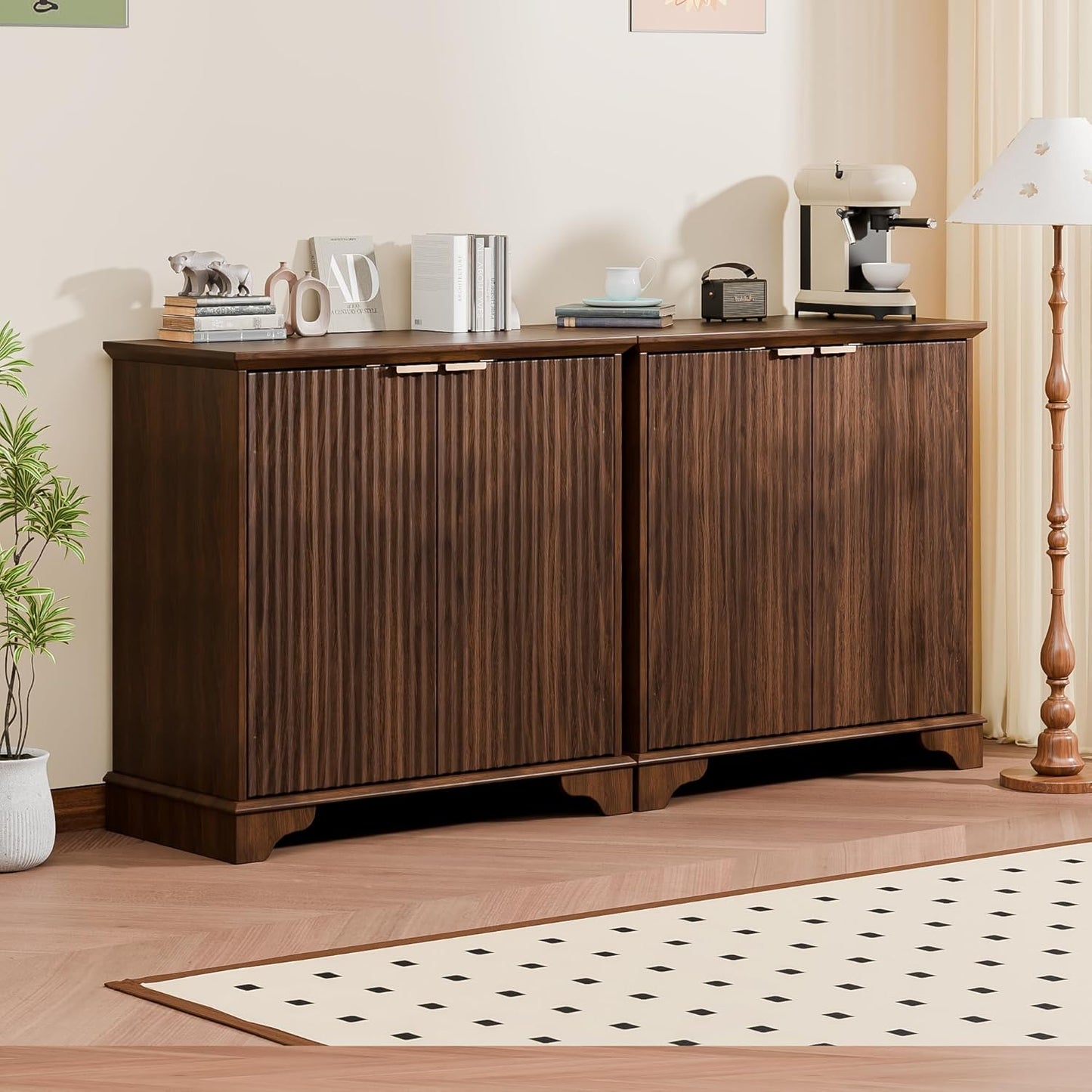 Fluted Buffet Sideboard Cabinet with Storage, 62" Coffee Bar Cabinet Credenza with Shelves, Console Table for Entryway Kitchen, Walnut