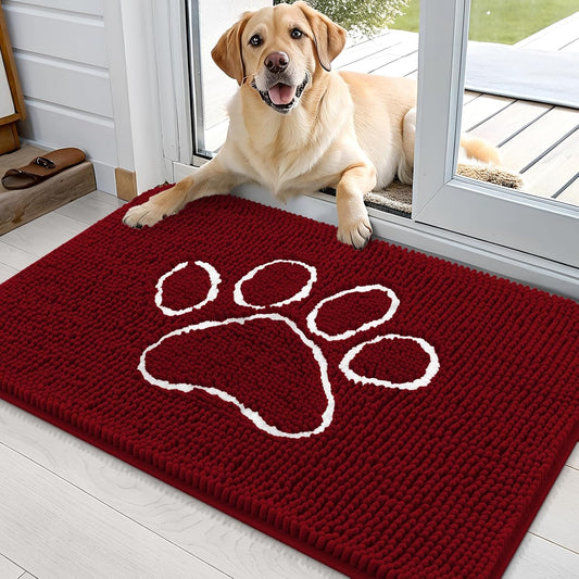 OLANLY Door Mat for Muddy Dog Paws 36x24, Ultra Absorbent Chenille Mud Doormat with Paw Print Design, Non-Slip Washable Doormat for Indoor Entryway, Quick-Dry Pet Bed Mats for Dirty Dogs, Red