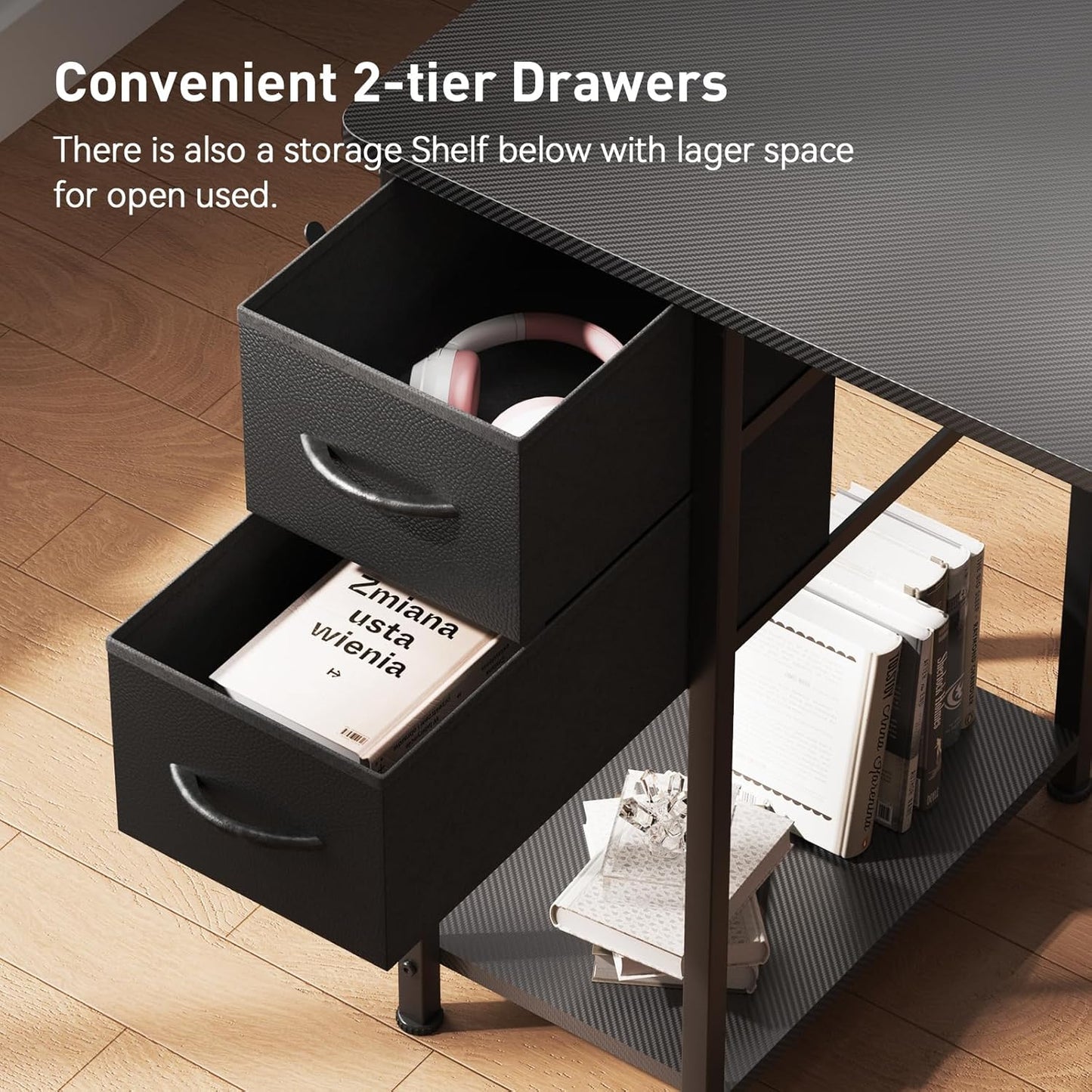 GTRACING Gaming Desk with Drawers, Carbon Fiber Style L Shaped Computer Desk Compatible with Monitor Arm Corner Desk Gaming Table for Home Office Desks, Easy to Assemble Adjustable Shelf Height