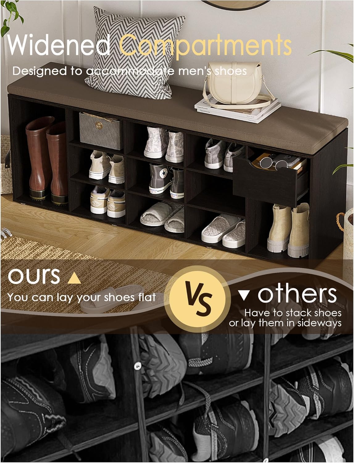 DINZI LVJ Shoe Bench, Entryway Storage Bench with Drawer and 14 Cubbies, Long Cubby Shoe Rack with Adjustable Shelves, Organizer for Living Room, Bedroom, Mudroom, Garage, Espresso