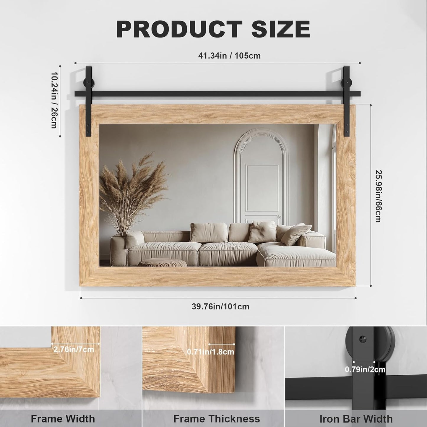 Hasipu Farmhouse Bathroom Mirror, 40"x26" Rustic Wood Framed Wall Mounted Mirror, Brown Vintage Vanity Mirror Barn Door Style Decrative Mirrors