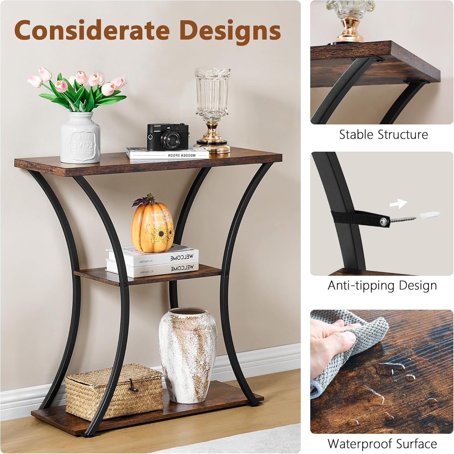 Hoctieon 3 Tier Console Table with Open Wood Shelves, Decorative Entryway Table with Curved Metal Frames, Narrow Sofa Table for Entrance, Living Room, Hallway, Rustic Brown+Black