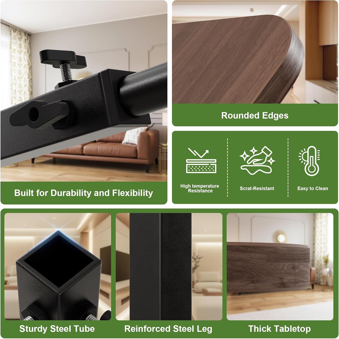 C Shaped End Table for Couch, Adjustable Height Couch Side Table, Horizontal 360°Swivel Small TV Tray Table Couch Side Tables That Slide Under (Walnut)