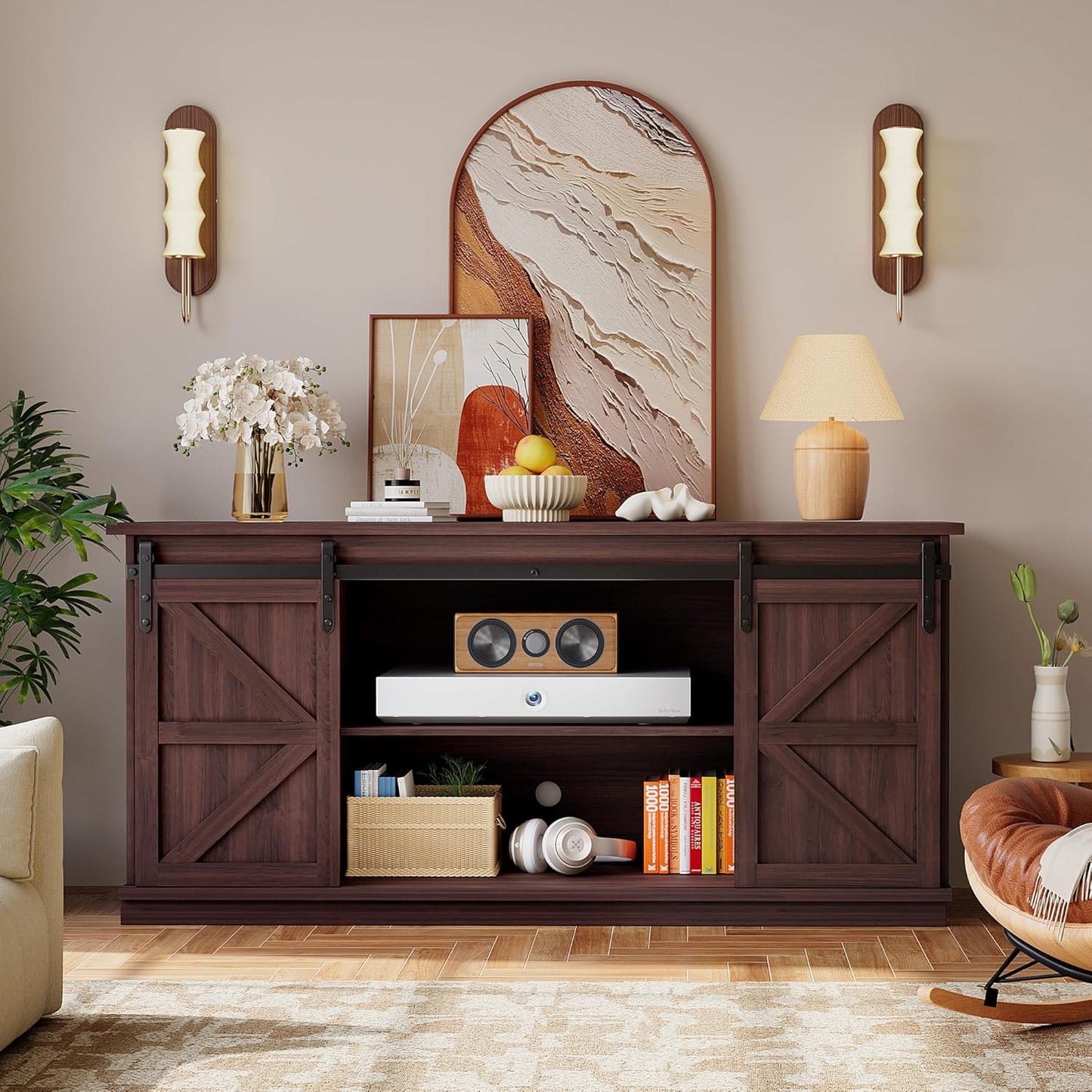 YESHOMY TV Stand for Televisions up to 65 Inchs, with Sliding Barn Doors and 4 Storage Drawers, Console Table and Media Furniture for Living Room, 58 Inch, Espresso