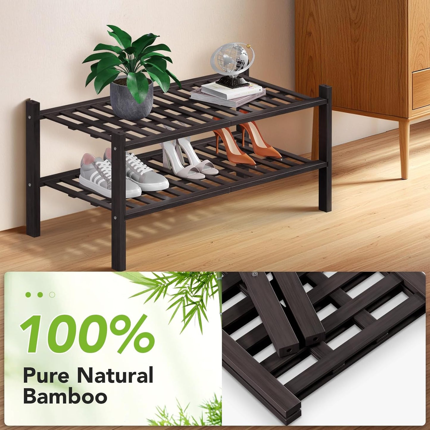 Haddockway 2 Tier Bamboo Shoe Rack Storage Organizer, Multifunctional Free Standing Stackable Shoe Shelf with Grid Panel for Closet,Hallway,Entryway,Small Space 27"x11"x13"(Brown, 2 Tier)