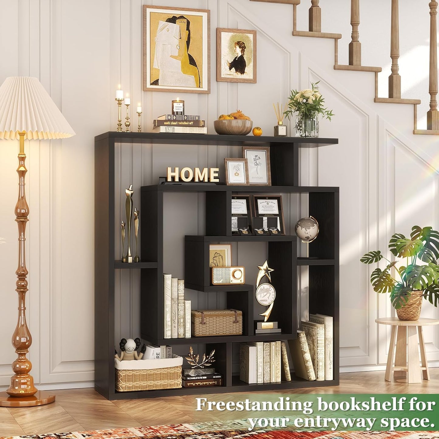 Armocity 5 Tier Display Book Shelf Wall Mounted Bookshelf Freestanding Geometric Bookcase Floating Book Shelves for Wall Bedroom Living Room Home Office, 45.5"(W) * 47"(H), Black