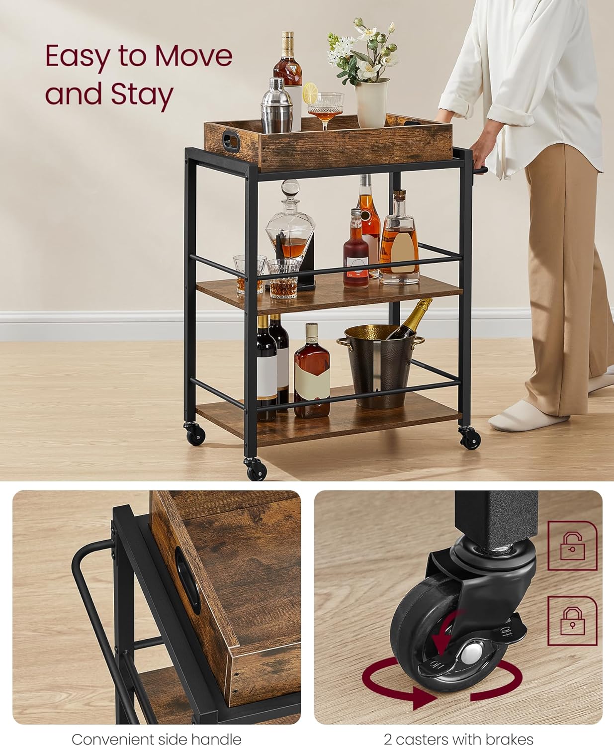 VASAGLE Kitchen Serving Cart with Removable Tray, 3-Tier Kitchen Utility Cart on Wheels with Storage, with Brakes, Leveling Feet, 15.7 x 28.3 x 33.9 Inches, Rustic Brown and Black ULRC72X