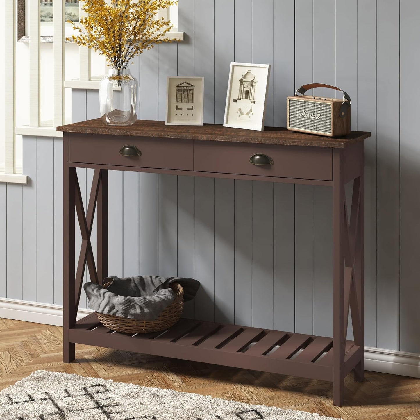 ChooChoo Farmhouse Console Table with Drawer for Entryway, Narrow Long Entry Table with Shelf for Living Room, Rustic Vintage Hallway Sofa Table with Stable X Supports, 40 Espresso