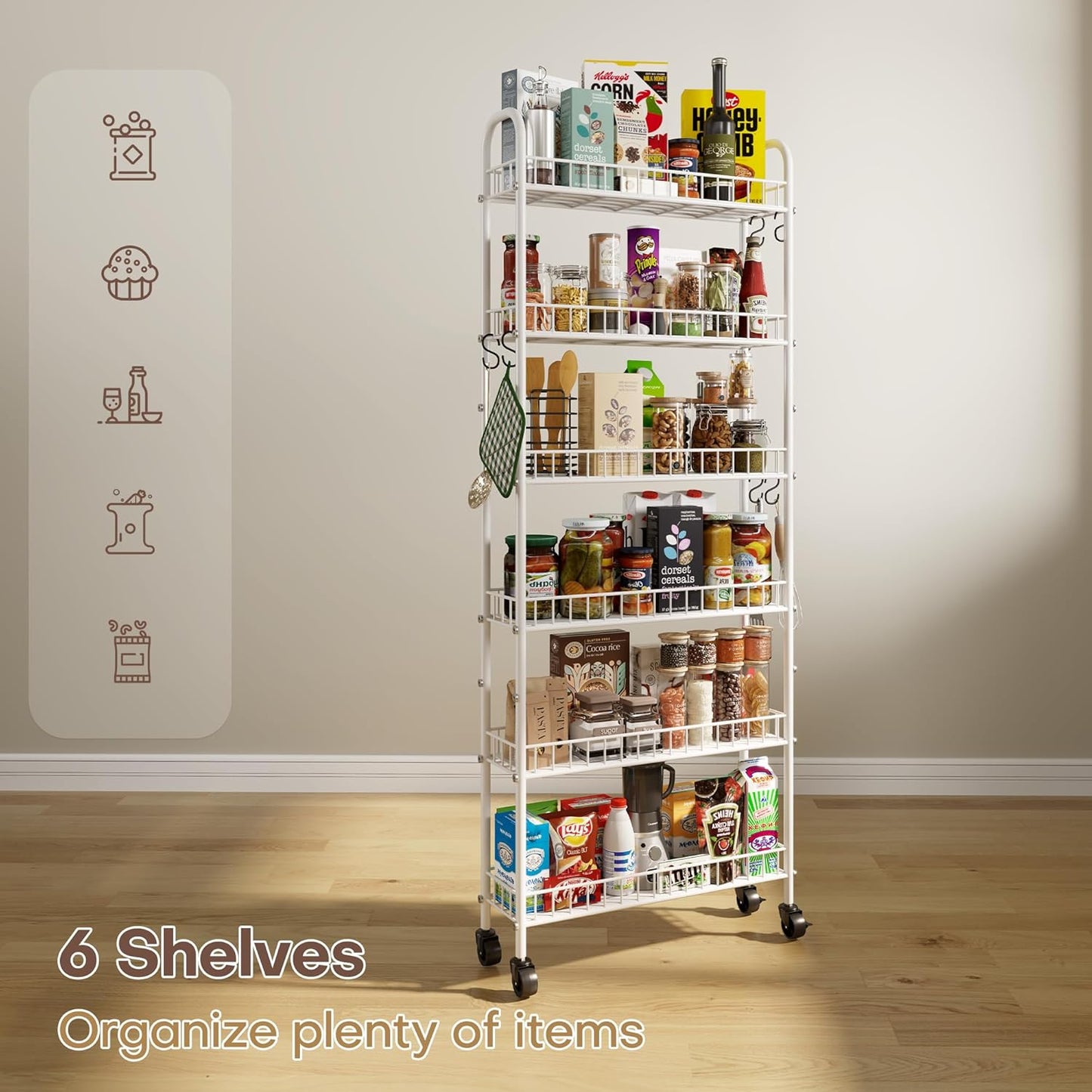 6 Tier Slim Rolling Storage Cart with Wheels, Metal Mobile Shelving Unit Organizer Utility Cart for Office Bathroom Kitchen Laundry Room Narrow Places (White 6 Inches)