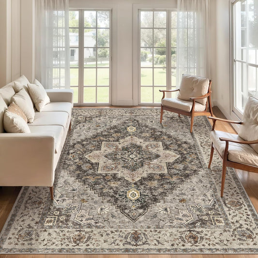 Tangsoo 5x7 Area Rug Washable Rug for Living Room, Vintage Indoor Non Slip Large Area Rugs, Print Distressed Brown/Grey Carpet, Soft Low Pile Foldable Floor Rug for Bedroom Dining Room Dorm