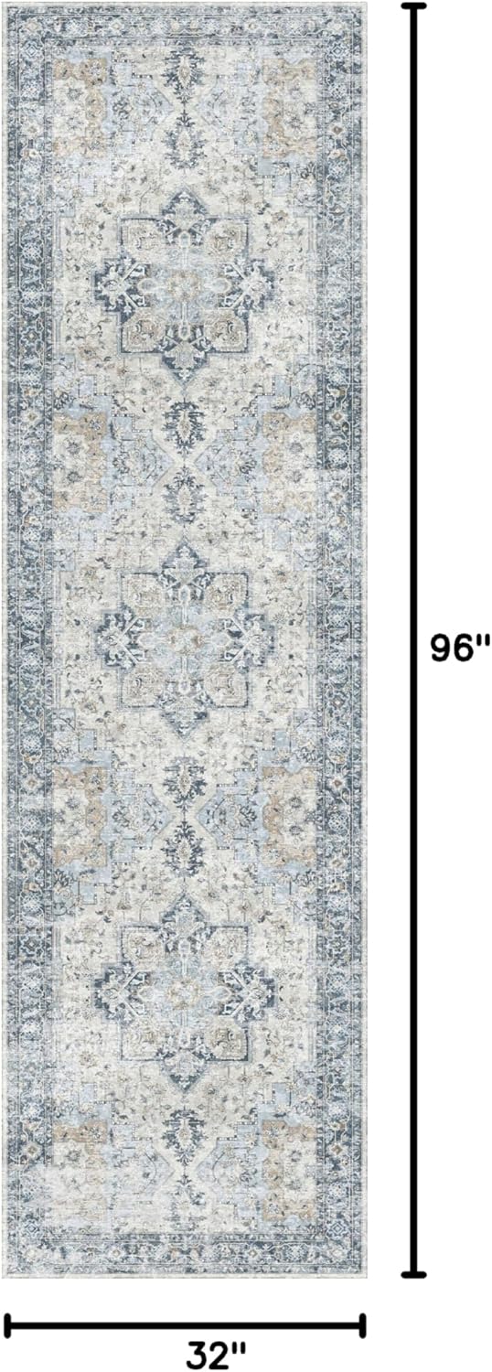 GENIMO Runner Rug 2'6''x8, Non Slip Vintage Hallway Runner Rugs, Low Pile Lightweight Machine Washable Mat for Hallway, Entryway, Bedroom, Kitchen and Corridor, Blue