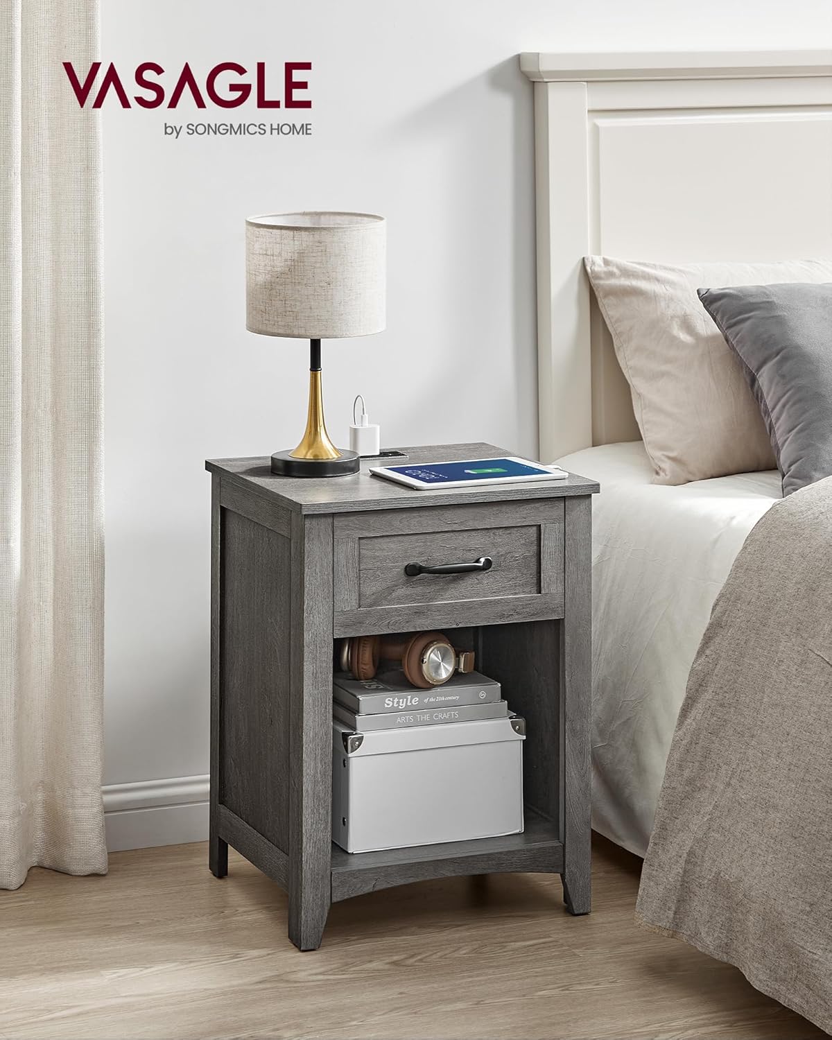VASAGLE LIRY Collection - Farmhouse Nightstand with Charging Station, Bedside Table, Side Table with Drawer, Open Compartment, for Bedroom, Misty Gray ULET659G68