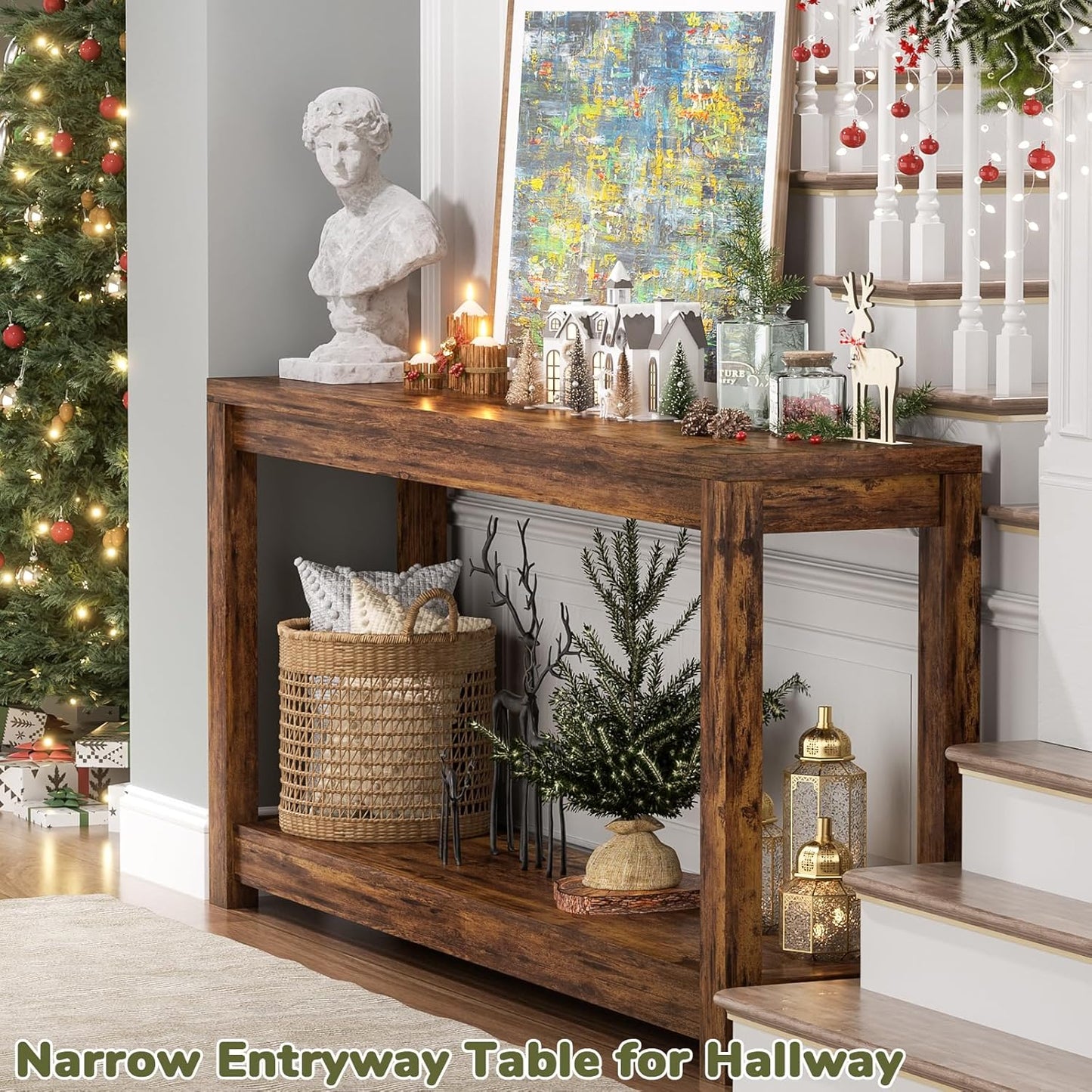 47" Farmhouse Wood Entryway Table Narrow Console Table with Storage Behind Couch Sofa Table with Shelves Entry Way Table with Open Storage, Easy Assembly, Rustic Brown