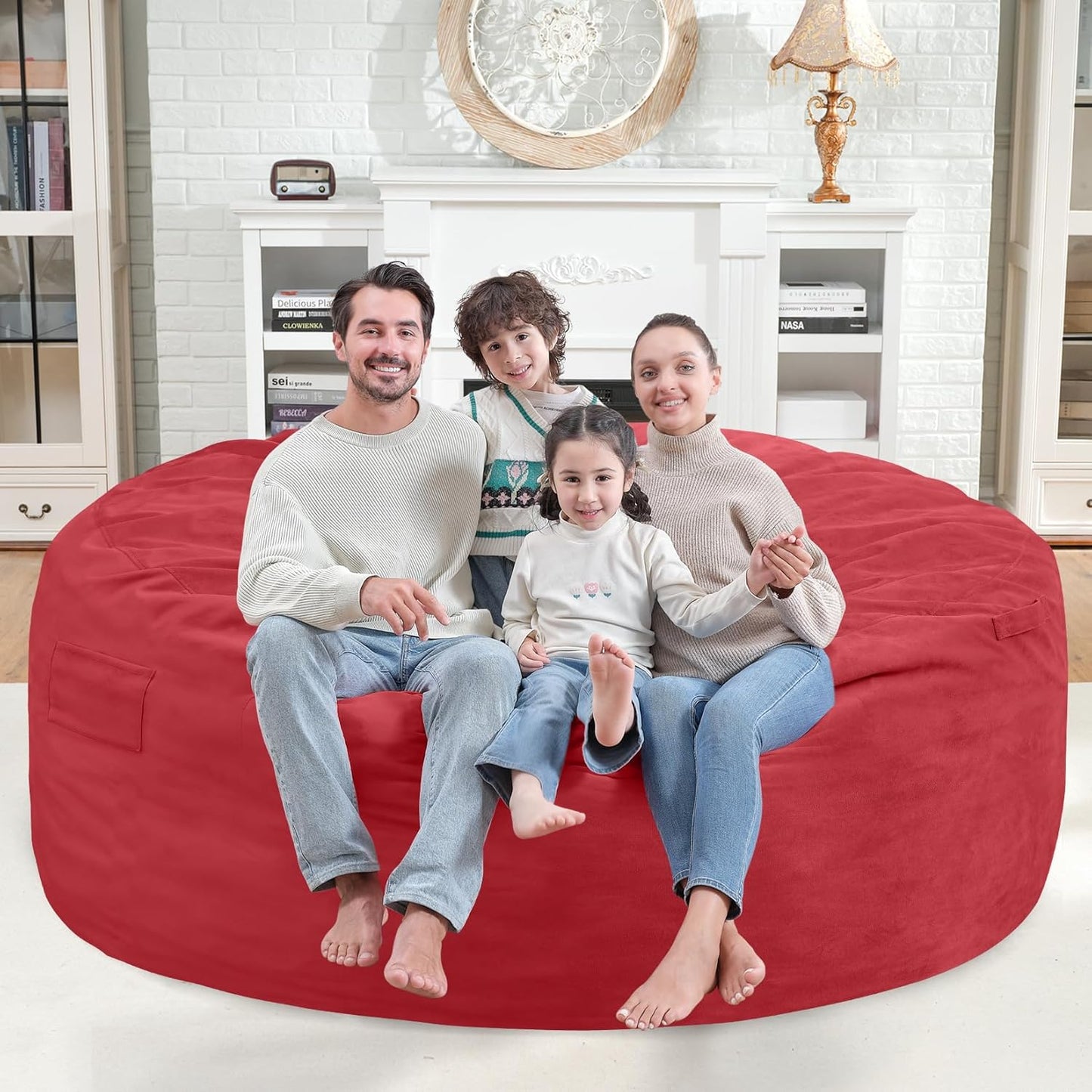 6FT Bean Bag Chair, Large Bean Bag Chairs with Memory Foam Filled, Fluffy Beanbag Sofa with Dutch Velvet Cover, Round BeanBag Chairs for Living Room, Playroom - Red