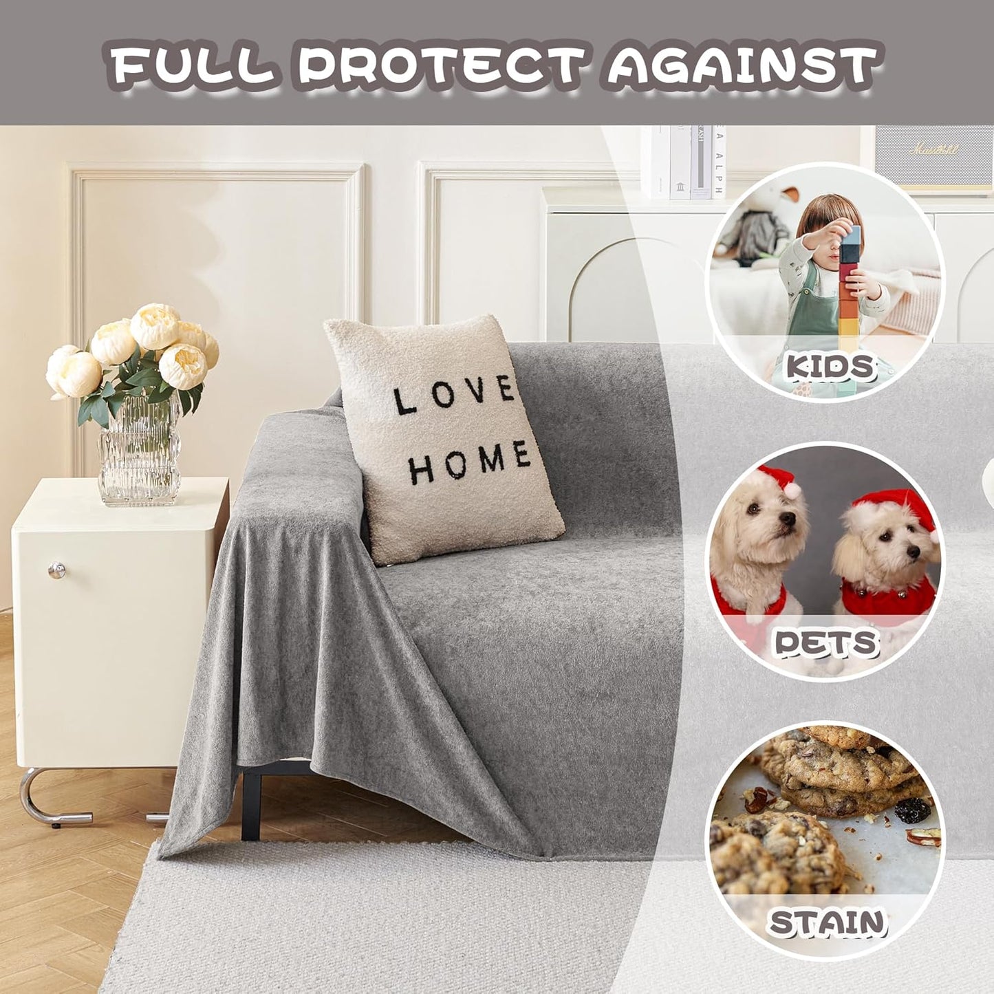 MYSKY HOME Couch Cover Sofa Covers for 3 Cushion Couch, Dog Couch Cover Protector for Sectional Sofa Covers Couch Protector, Non Slip Furniture Covers for Pet Cat, 91" x 118", Grey