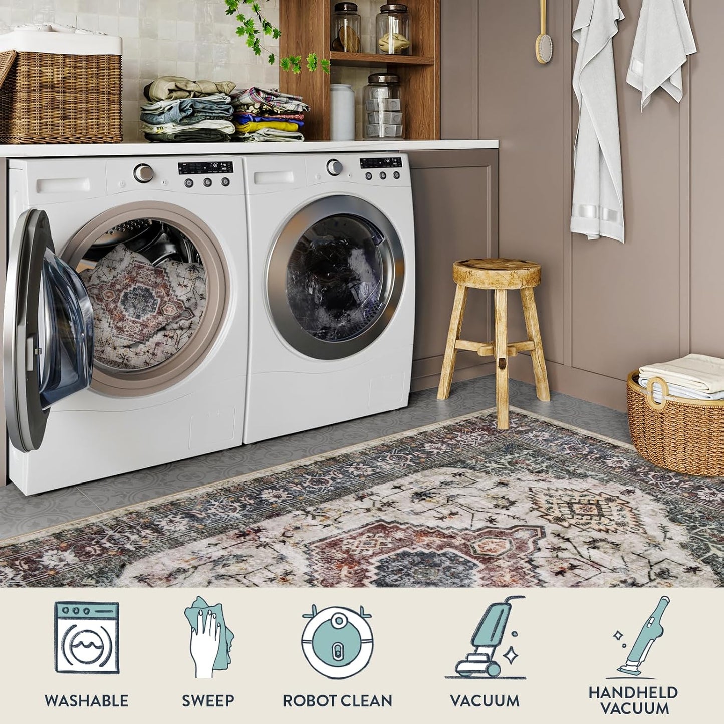 Lahome Oriental Small Rugs for Entryway, 2x3 Rug Non Slip Washable Door Mat Indoor Entrance Ultra-Thin Vintage Soft Carpet for Kitchen Bedroom Front Door Bathroom, Brown/Grey