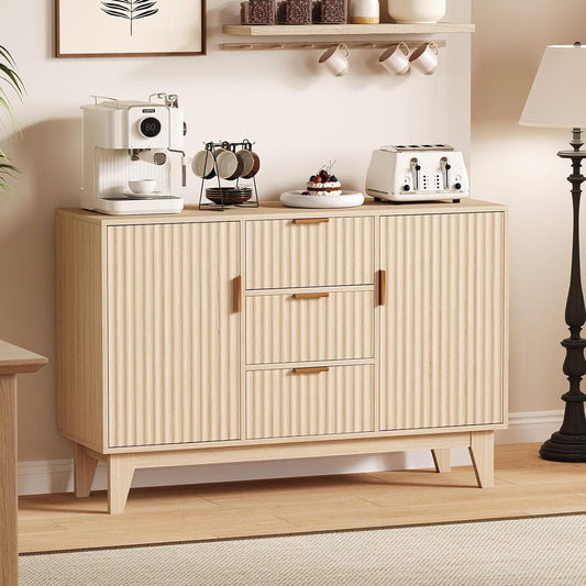 Garvee 47.2" Fluted Buffet Cabinets with Storage, Sideboard Storage Cabinet with 3 Drawers and 2 Doors, Modern Mid Century TV Stand Coffee Bar Furniture for Living Room, Kitchen, Entryway- Oak