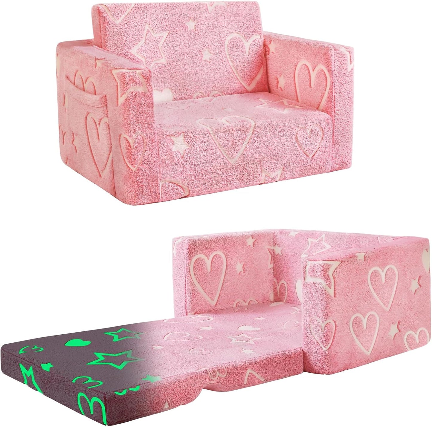 Toddler Chair Comfy,2-in-1 Soft Toddler Couch Fold Out for Kids,Convertible Sofa to Lounger,Gift for Girls and Boys Birthday,Heart,Medium