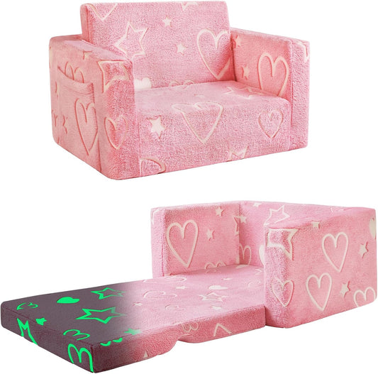 Toddler Chair Comfy,2-in-1 Soft Toddler Couch Fold Out for Kids,Convertible Sofa to Lounger,Gift for Girls and Boys Birthday,Heart,Medium