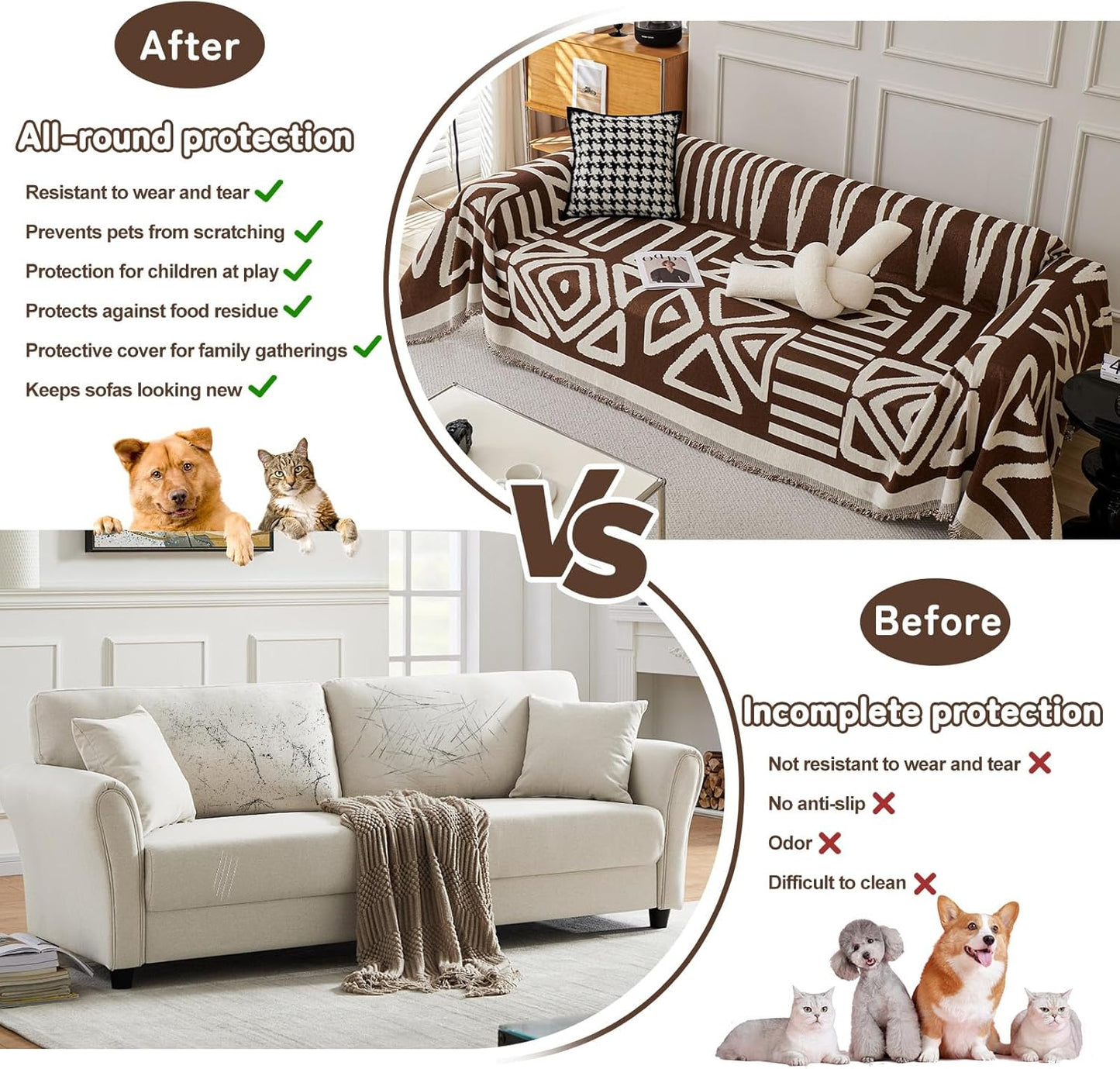 HANDONTIME Chocolate Boho Couch Cover Reversible Sofa Covers for 3 Cushion Couch Washable Couch Sofa Cover for Dogs Dark Couches Covers Chenille Sofa Protector Couch Covers for Sofa, 91" X118"
