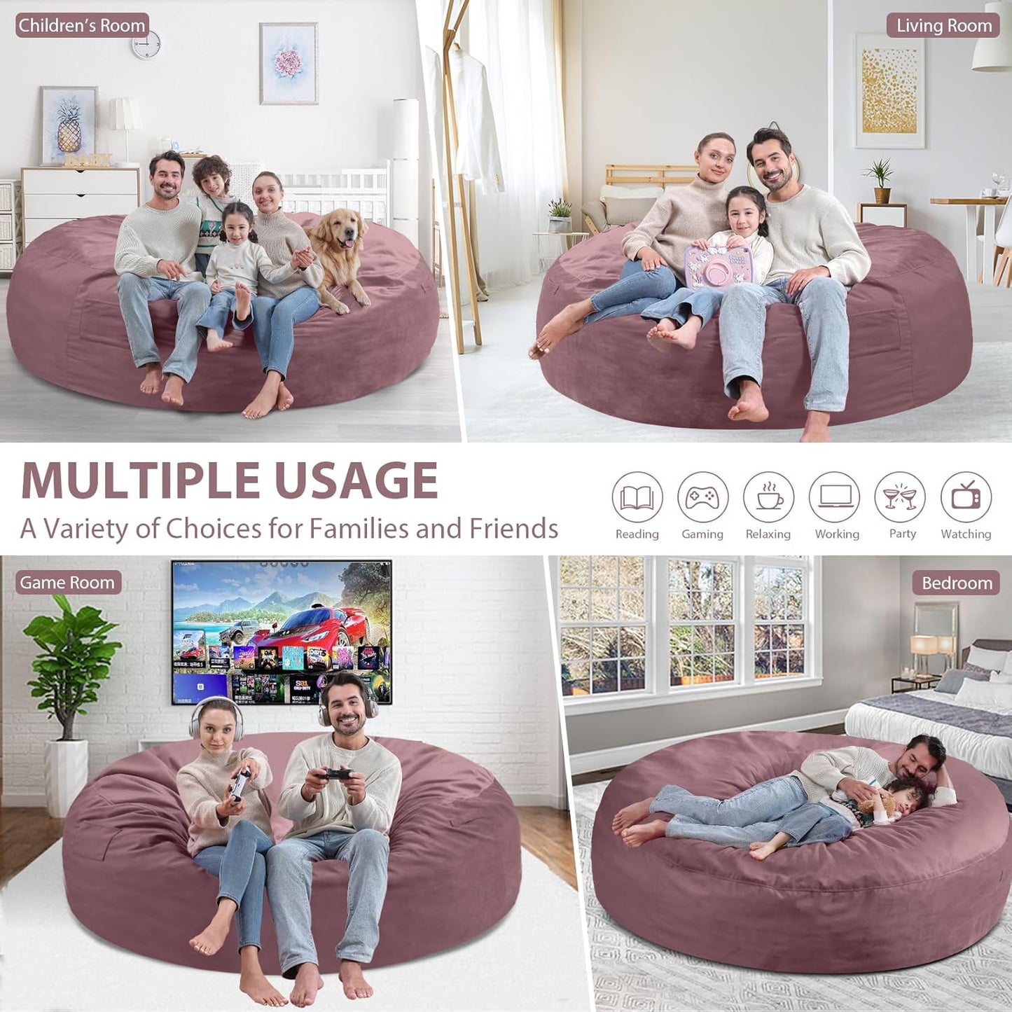 7FT Bean Bag Chair, Large Bean Bag Chairs with Memory Foam Filled, Fluffy Beanbag Sofa with Dutch Velvet Cover, Round BeanBag Chairs for Living Room, Playroom - Dusty Pink