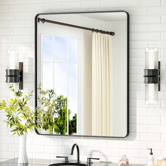 TETOTE Black Mirror 28 x 36 Matte Black Metal Framed Vanity Mirror, Tempered Glass, Wall Mounted for Bathroom, Entryway, Bedroom, Living Room(Horizontal/Vertical)