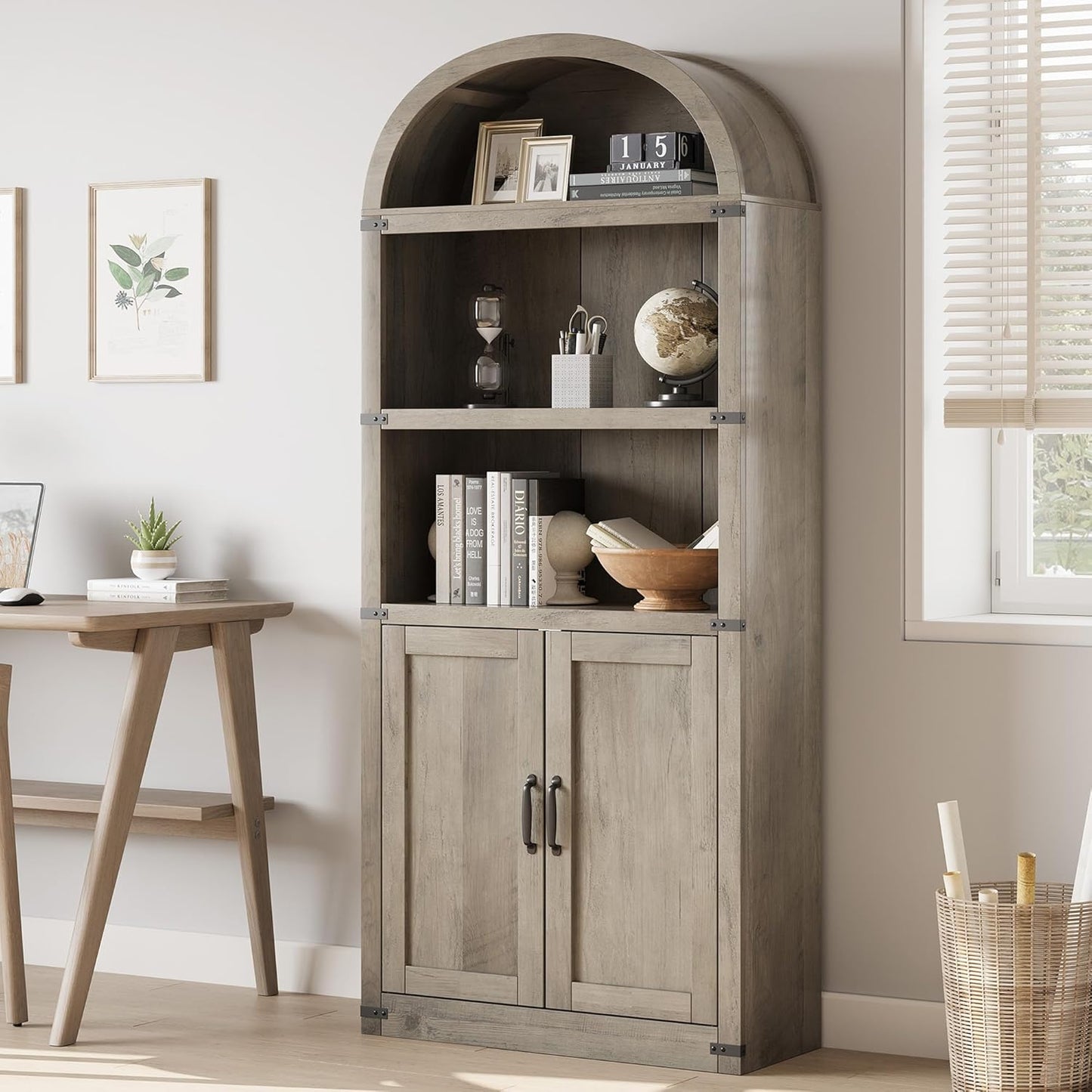 Garveehome Bookcase with Doors Arched Bookshelf 71.65in Tall Bookcase Farmhouse Cabinet with Shelves Wooden Bookshelves for Home Office, Living Room