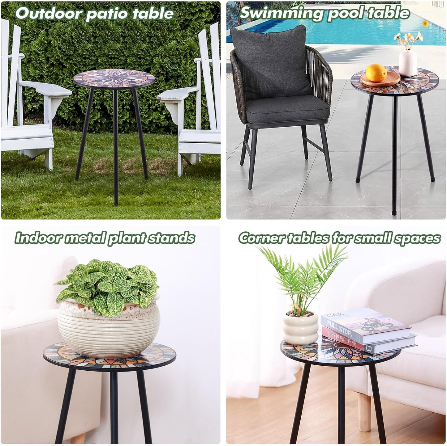 Party Zealot Metal Mosaic Round Side Tables Set of Two 13.4" Small Outdoor Patio Round Accent Coffee Tables Indoor Corner Stand for Small Spaces Weather-Resistant for Balcony Plant Stand