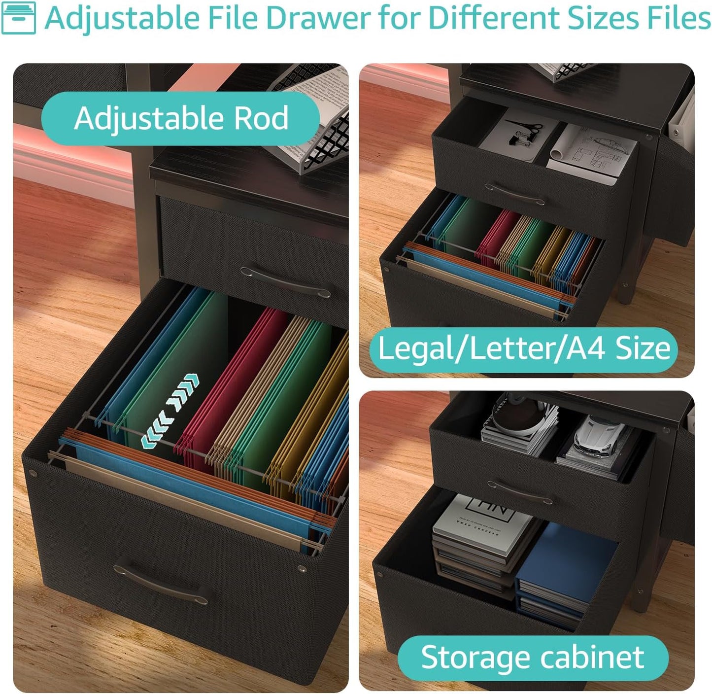 Lufeiya Gaming Desk with Fabric File Drawers Cabinet, 57 Inch Home Office Desks with Reversible Filing Cabinet Printer Stand for Small Space, Study Writing Table PC Computer Desks for Bedroom, Black