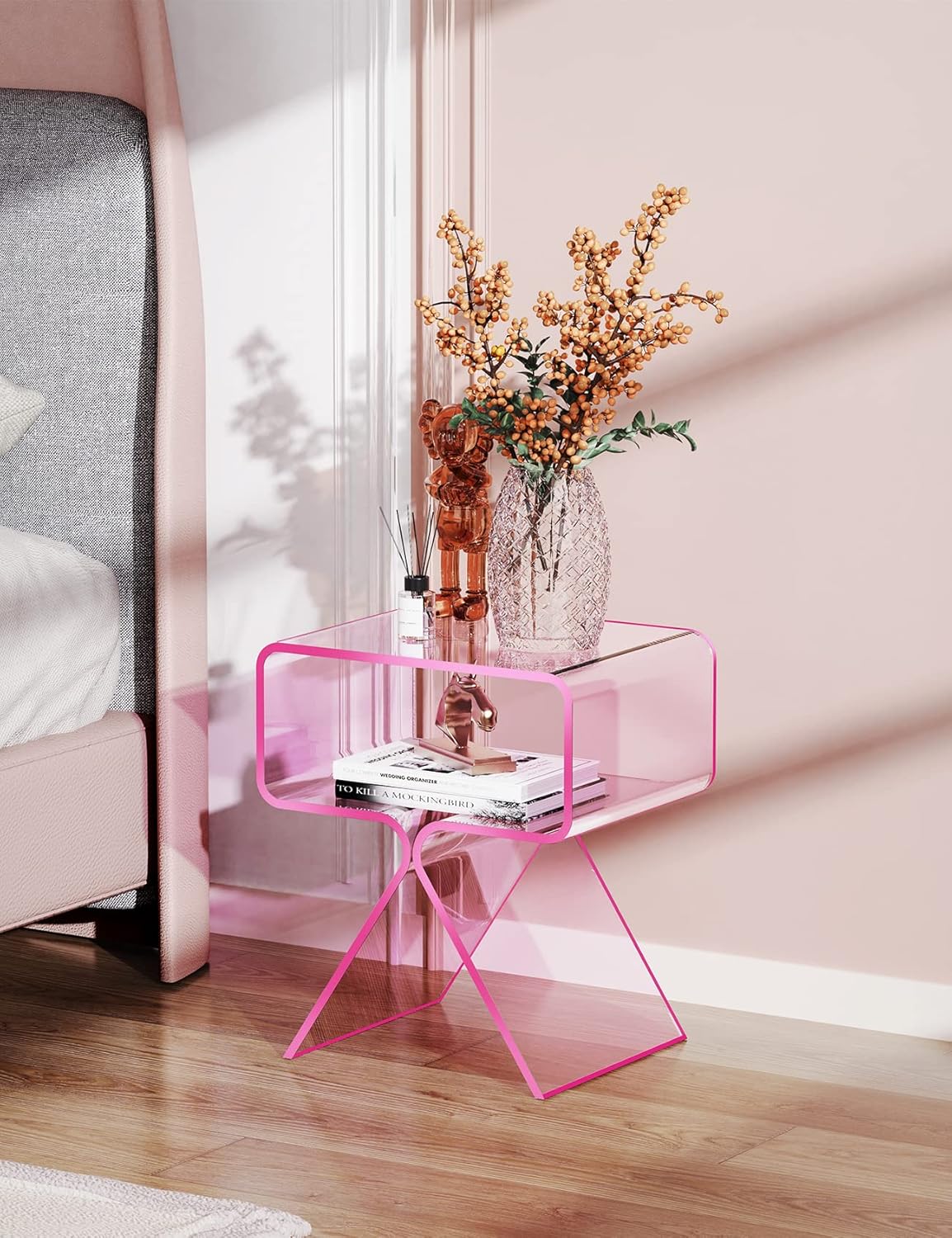 Acrylic Nightstand Side Table Modern Design Clear Home Decor Display End Table for Living Room (Pink)