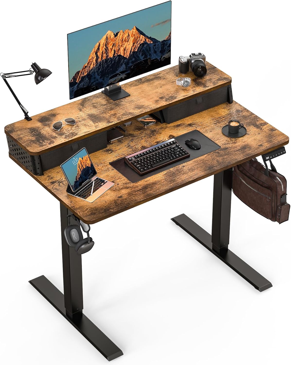 Small Standing Desk With Drawers and Brushless Motor,Electric Sit Stand Desk for Walking Pad,Ergonomic Stand Up Desk for Home Office & Gaming,3 Memory Height Preset & Hooks(40" x 24", Rustic Brown）