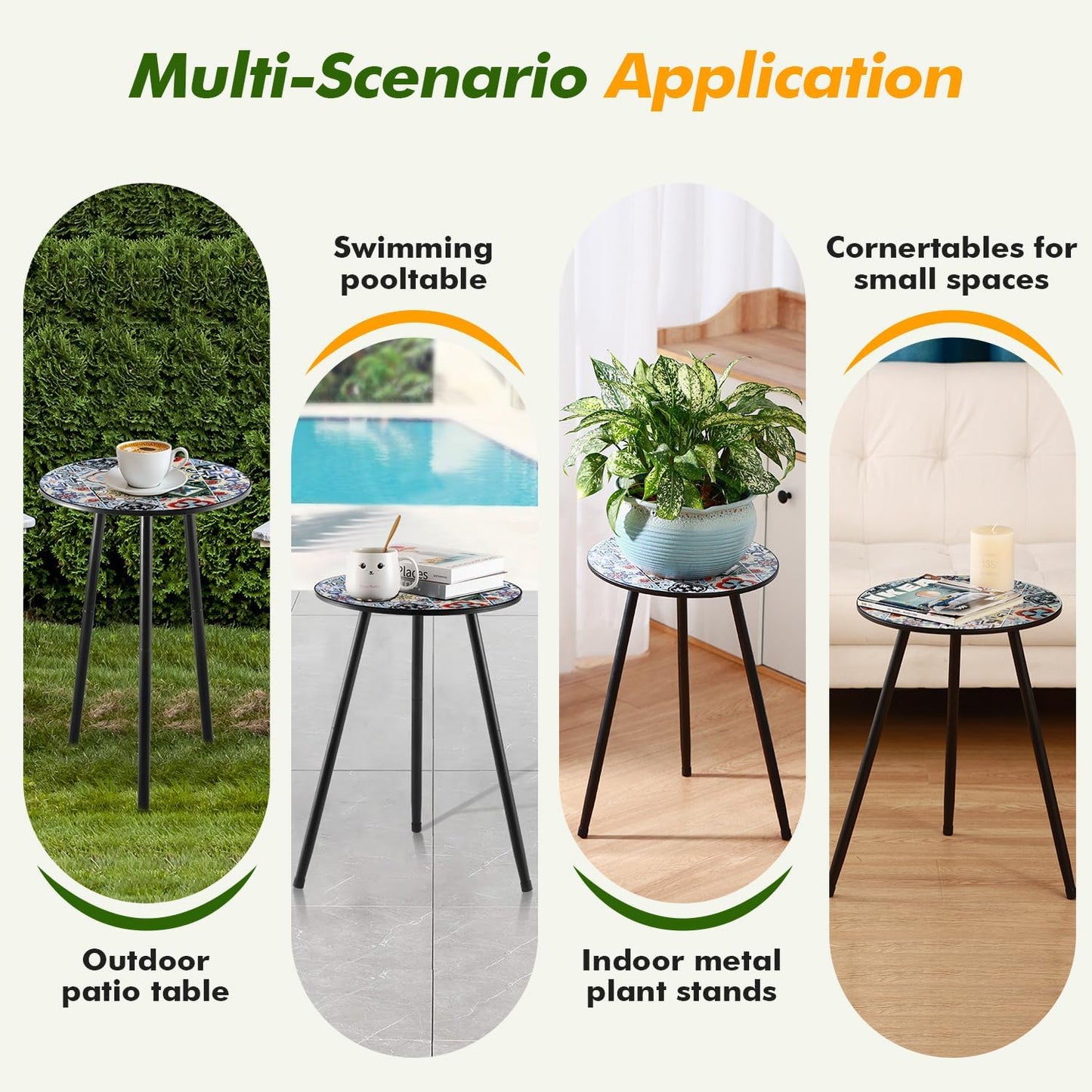 2 Packs Metal Mosaic Round Side Tables 13.4" Small Outdoor Patio Round Accent Coffee Tables Indoor Corner Stand for Small Spaces Weather-Resistant for Balcony, Porch Plant Stands Indoor, Mixed Mosaic