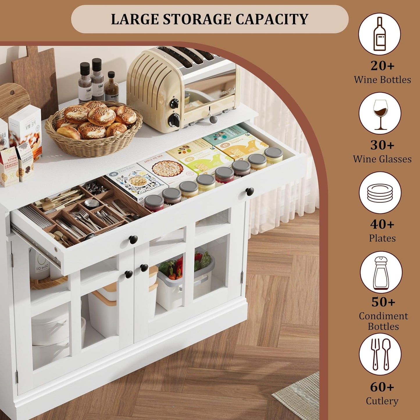 GarveeHome 35.4" Sideboard Buffet Cabinets with Glass Door, Buffet Cabinet with Storage, White Sideboard Cabinet with Drawer, Modern Buffets & Sideboards for Dining Room, Kitchen