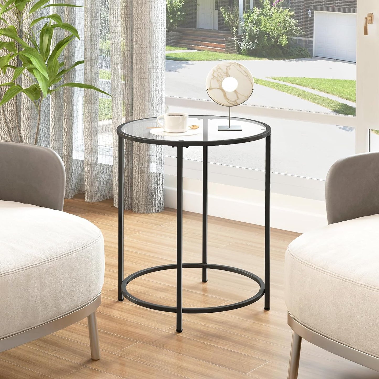 19.7’’ Round Glass End Table, Round Bedside Table with Tempered Glass Top, Black Glass Side Table with Metal Frame, Modern Round End Table for Living Room Balcony Bedroom Porch Patio