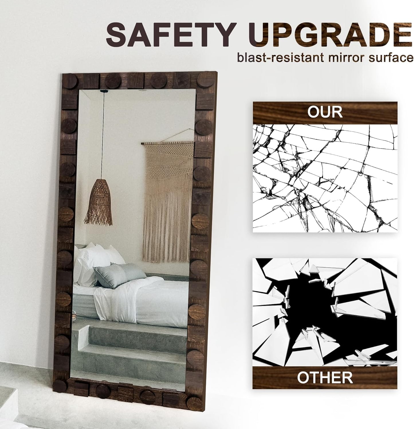 56x24 Inch Handcrafted Solid Wood Square Wall Mirror with Geometric Wood Inlay Design, Rustic Natural Texture for Bathroom, Bedroom, Living Room Decor