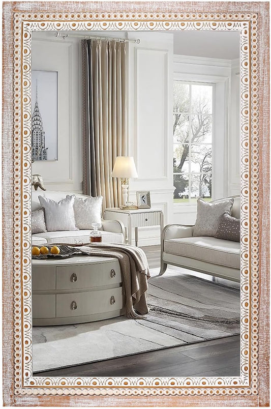 36x24 Inch Wooden Rectangle Bathroom Mirror with Beaded Frame, Rustic Farmhouse Decorative Wall Mirrors for Over Sink, Living Room, Entryway (Horizontal/Vertical Mounting)