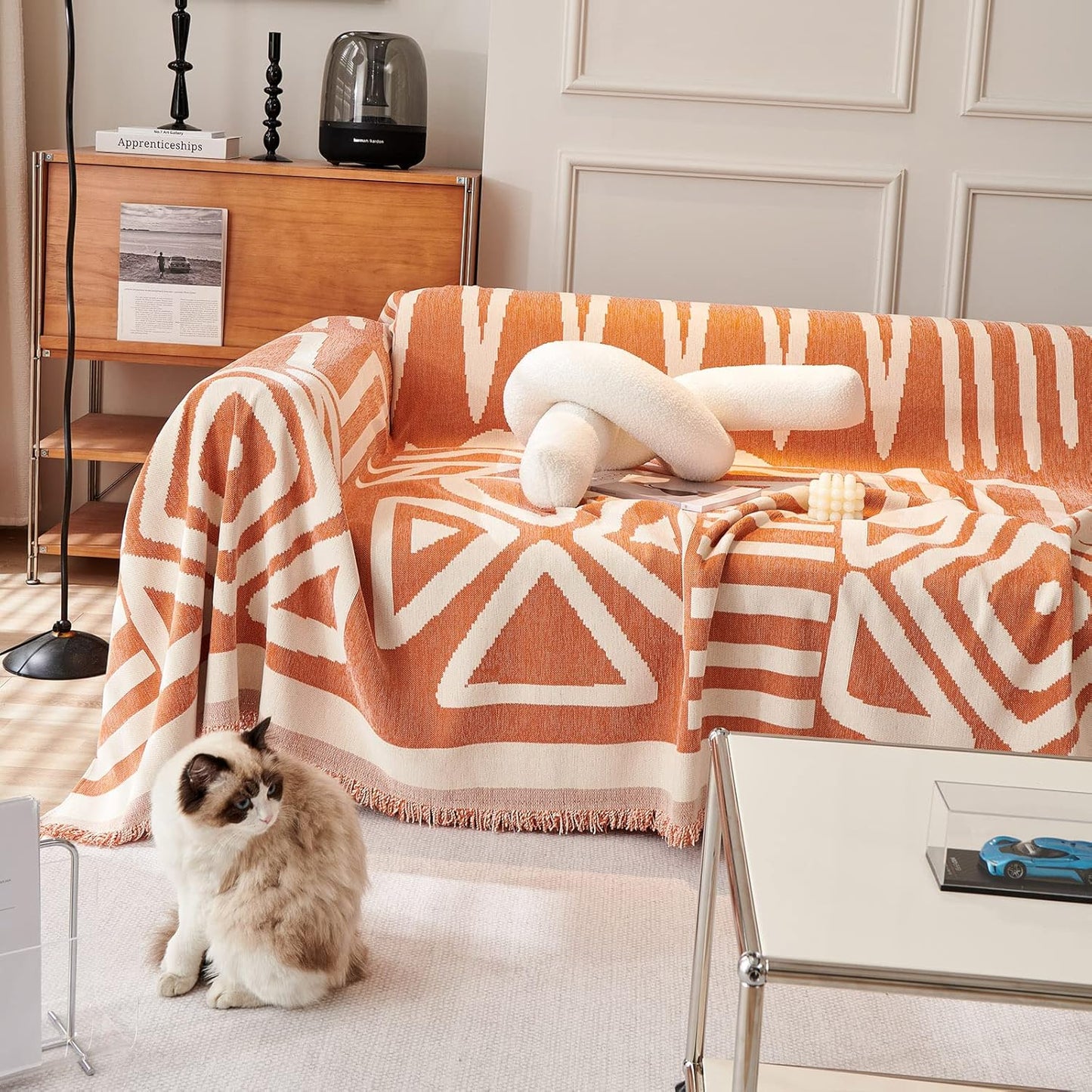 STACYPIK Soft Thick Boho Orange Loveseat Sofa Covers Modern Geometric Couch Cover for 1 Cushion Couch Reversible Pet-Friendly Protector Covers with Tassels Washable Caramel Sofa Throw Covers-71X71IN
