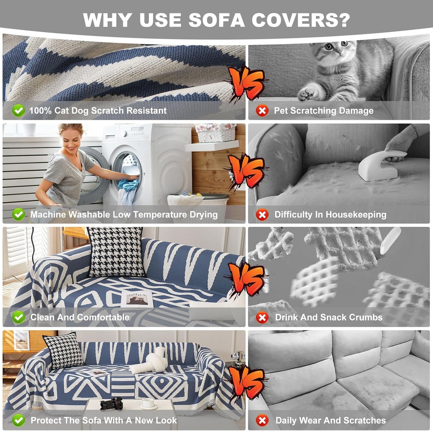 STACYPIK Boho Chenille Couch Cover, Blue Jacquard Sofa Cover for 3 Cushion Couch, Reversible Furniture Protector, Anti Slip Geometric Couch Covers for Sectional, Loveseat Cover Pet-Friendly-71X134IN