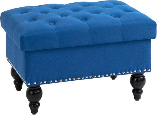 HOMCOM Ottoman with Storage for Living Room, 25" Storage Ottoman with Removable Lid, Button-Tufted Fabric Bench for Footrest and Seat with Wood Legs, Blue