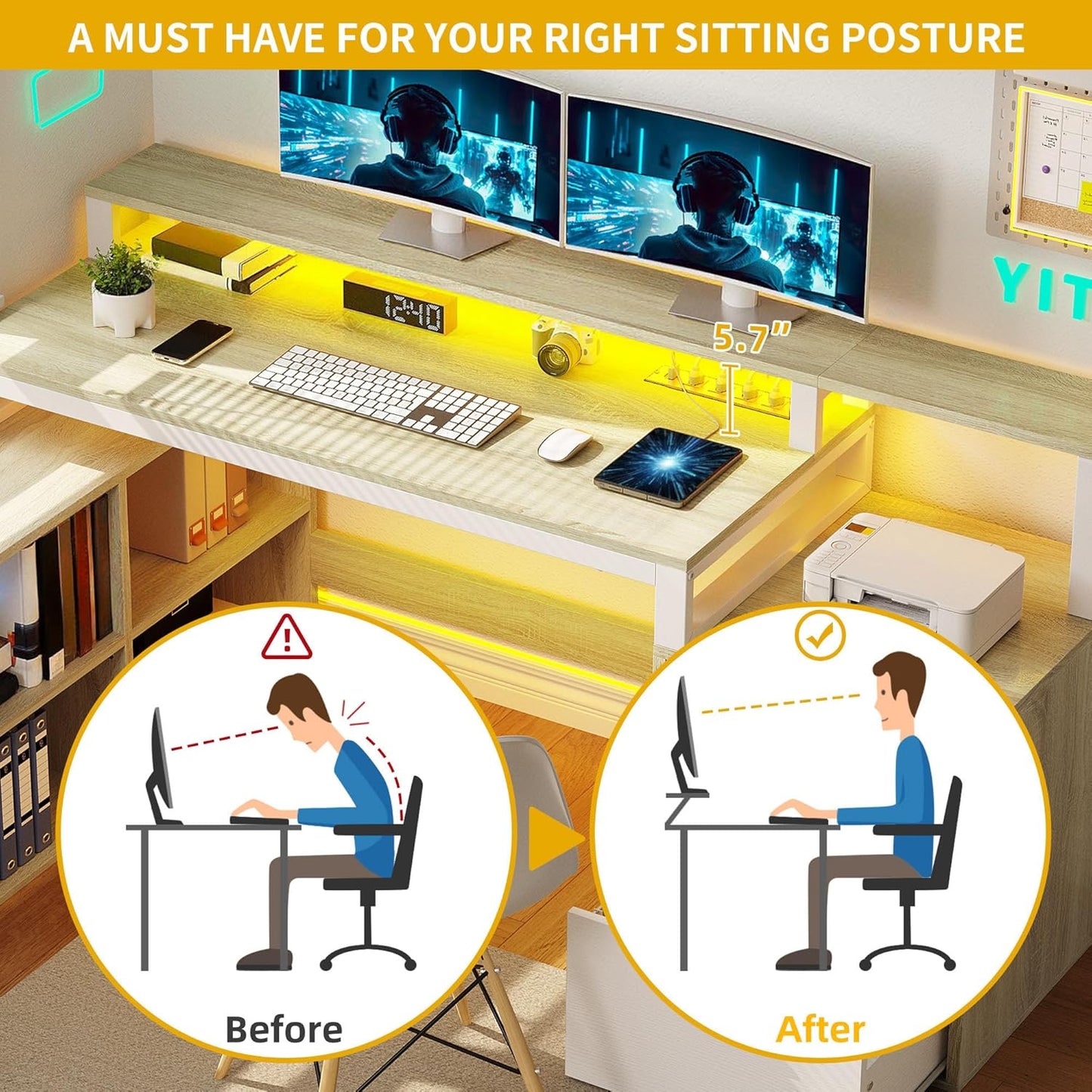DWVO L Shaped Desk with Drawers, 65" Computer Desk with Power Outlets & LED Lights, Corner Home Office Desk with Storage Shelves & Printer Stand, White & Oak