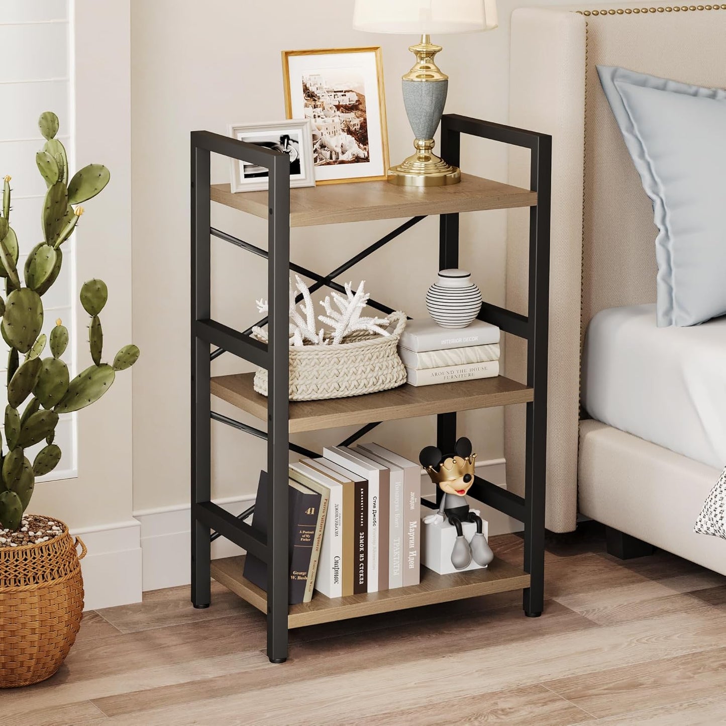 Homeiju Bookshelf, 3 Tier Industrial Bookcase, Metal Small Bookcase, Rustic Etagere Book Shelf Storage Organizer for Living Room, Bedroom, and Home Office(Light Coffee) Patent Pending D29873033
