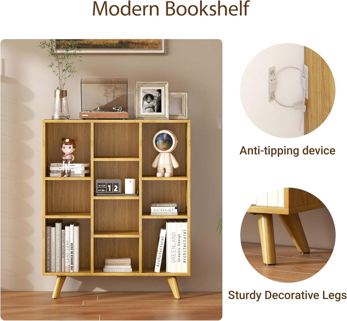 Manora Bookshelf with 10 Open Storage Cubes, Wooden Bookcase Organizer, Rustic Modern Display Shelf for Living Room, Bedroom, Office