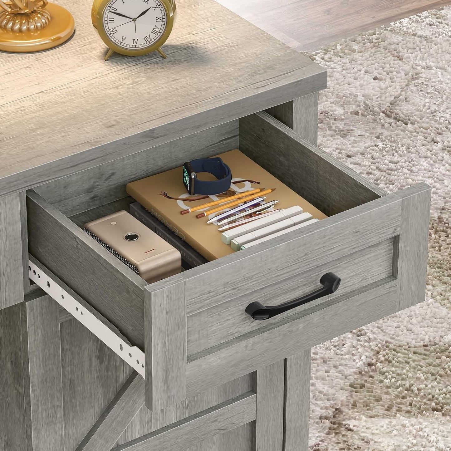 Farmhouse 47" Executive Desk, Computer Desk with 2 Drawers and Storage Cabinet, Home Office Desk with Hutch, Charging Hub, Workspace for Work and Study, Gray