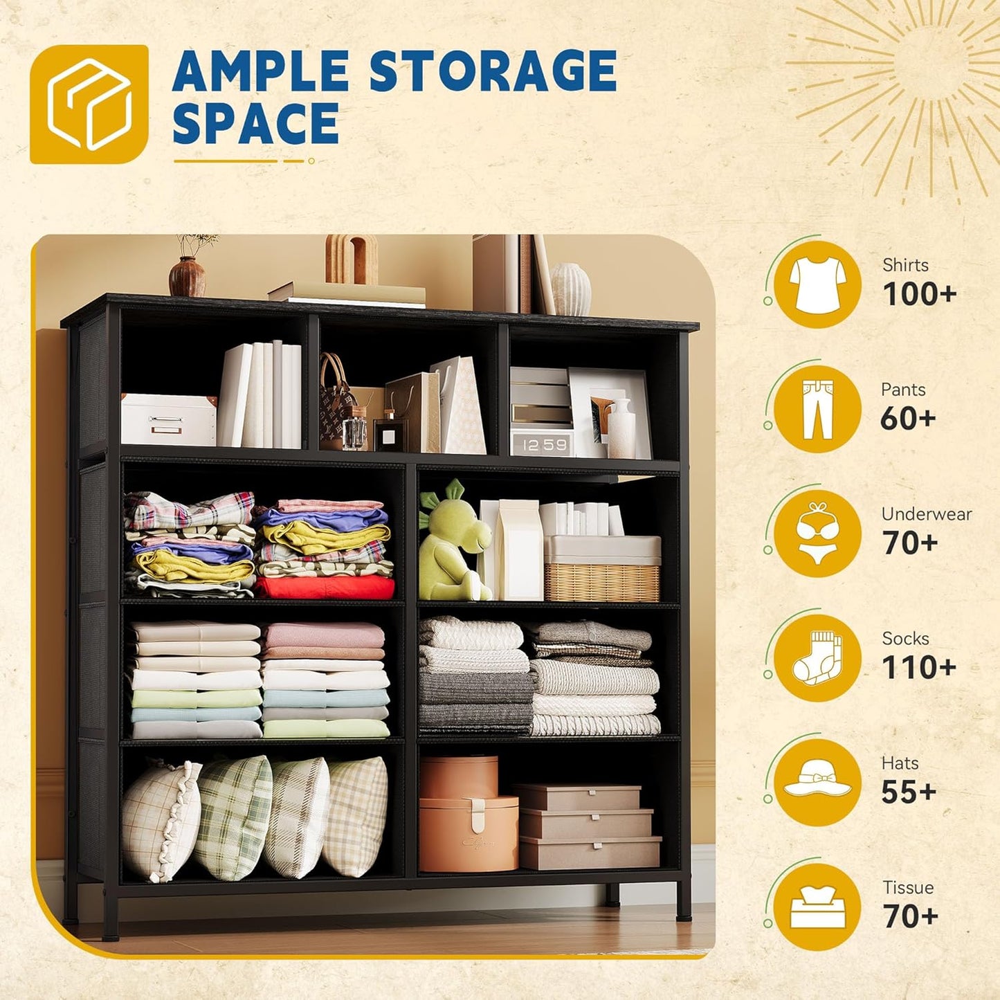 DWVO Dresser with 9 Drawers - Fabric Storage Tower, Organizer Unit for Living Room, Hallway - Sturdy Steel Frame, Wooden Top & Easy Pull Fabric Bins