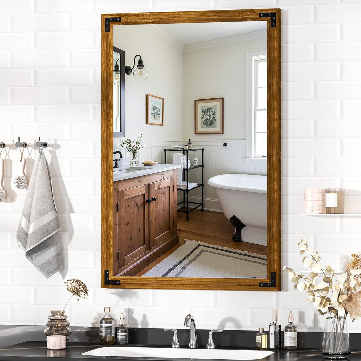 Hasipu Farmhouse Bathroom Mirror, 24"x36" Rustic Wood Framed Wall Mounted Mirror, Walnut Vintage Vanity Mirror Modern Farmhouse Style Decrative Mirrors