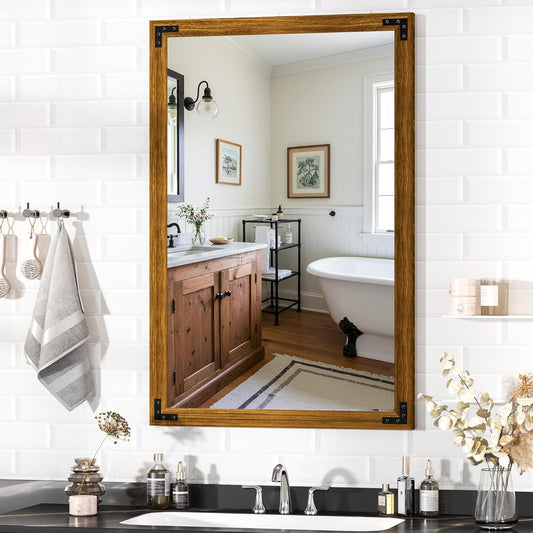 Hasipu Farmhouse Bathroom Mirror, 24"x36" Rustic Wood Framed Wall Mounted Mirror, Walnut Vintage Vanity Mirror Modern Farmhouse Style Decrative Mirrors