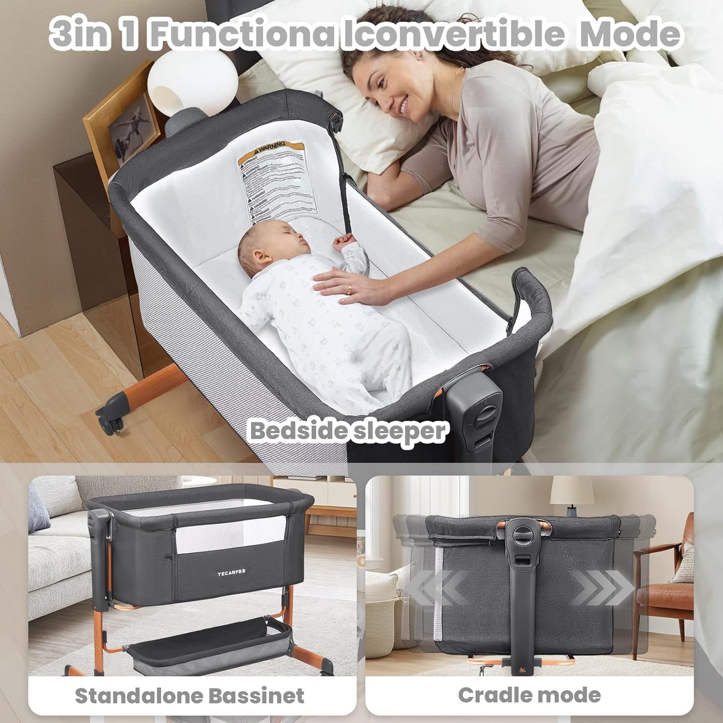 Baby Bassinet, 3 in 1 Bedside Sleeper for Newborn, Bedside Bassinet for Baby with 6 Adjustable Height, Soft Mattress, Compact, Easy to Fold