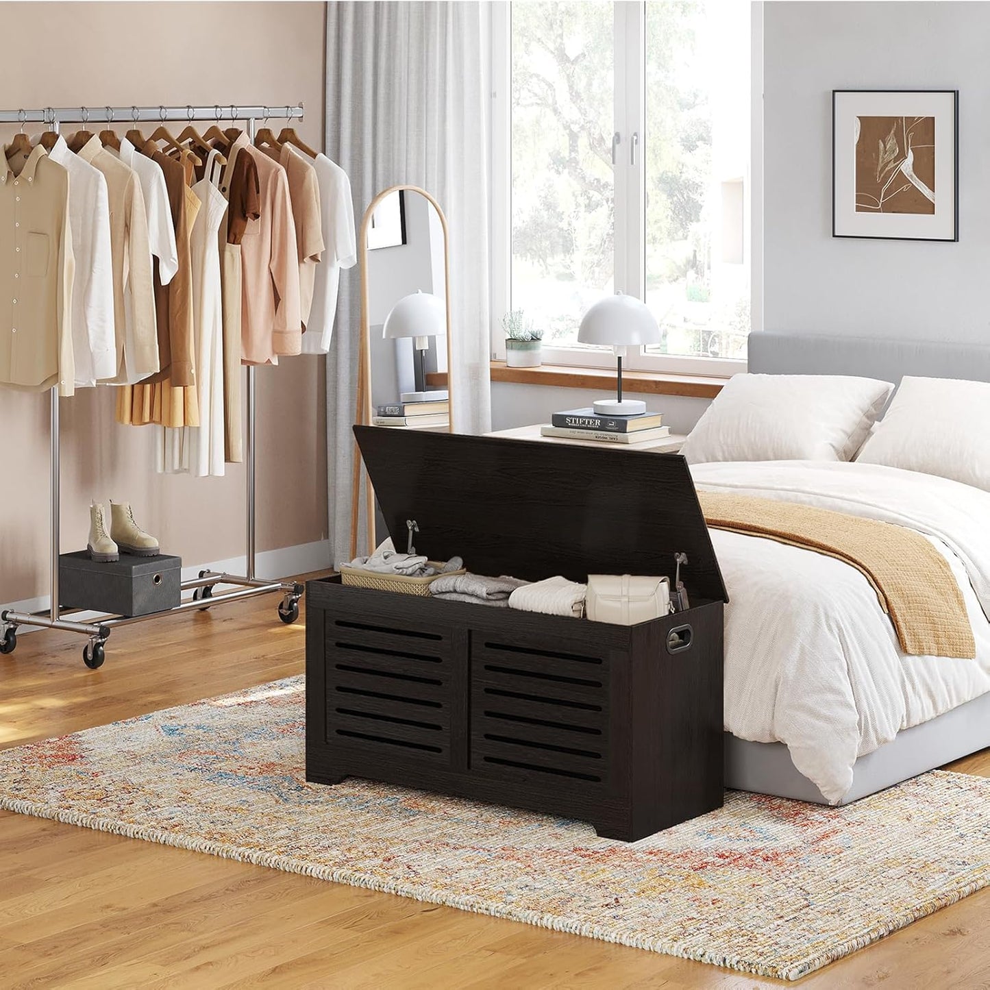 DINZI LVJ Storage Chest, Flip-Top Wooden Toy Box with 2 Safety Hinges, Entryway Shoe Storage Bench, Sturdy Large Storage Trunk for Living Room, Bedroom, Easy Assembly, Espresso