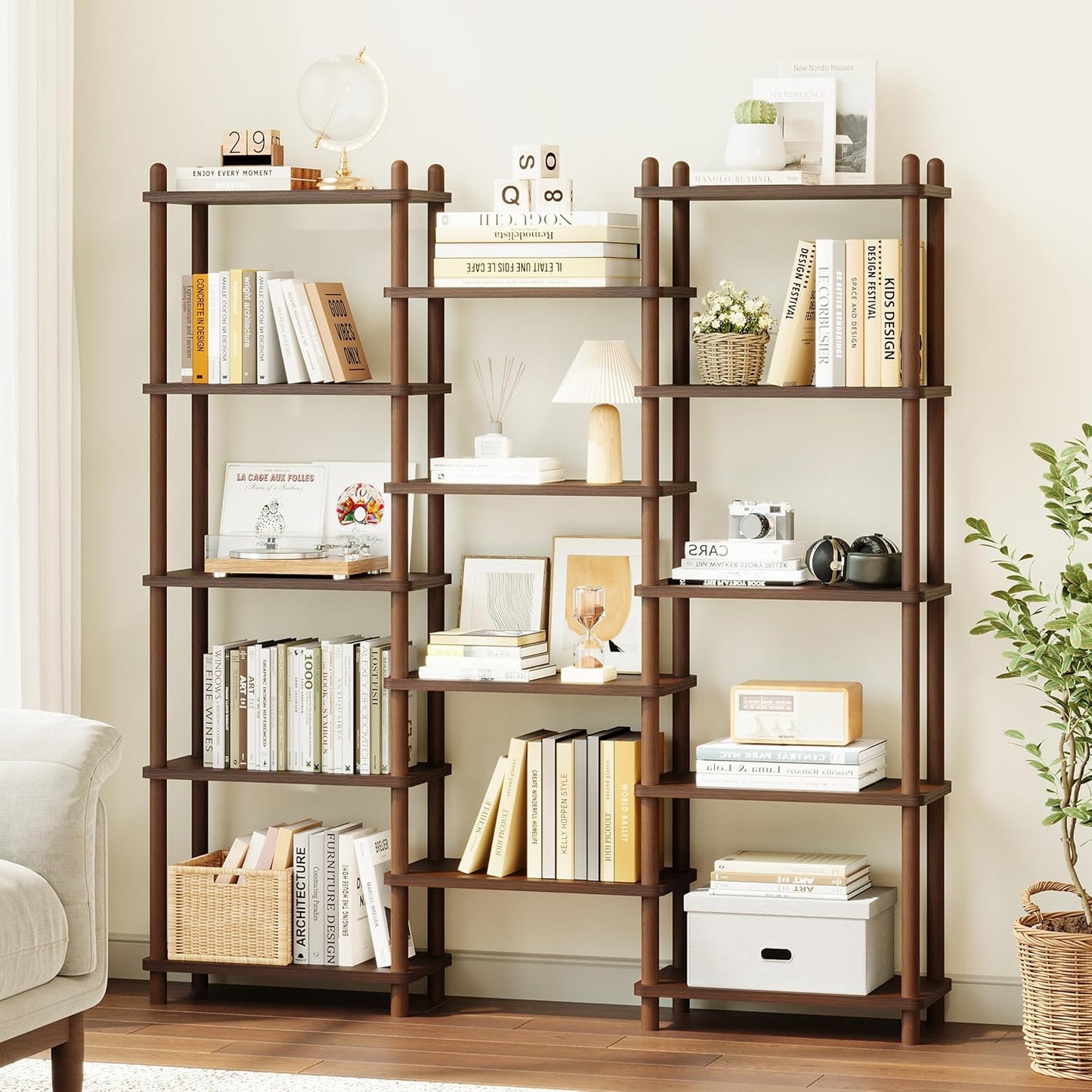 IOTXY Wooden Triple Wide Bookshelf - 5-Tier Large Shelf Bookcase with Solid Beech Frame, Tall Freestanding Open Etagere Display Rack for Home Office, Walnut