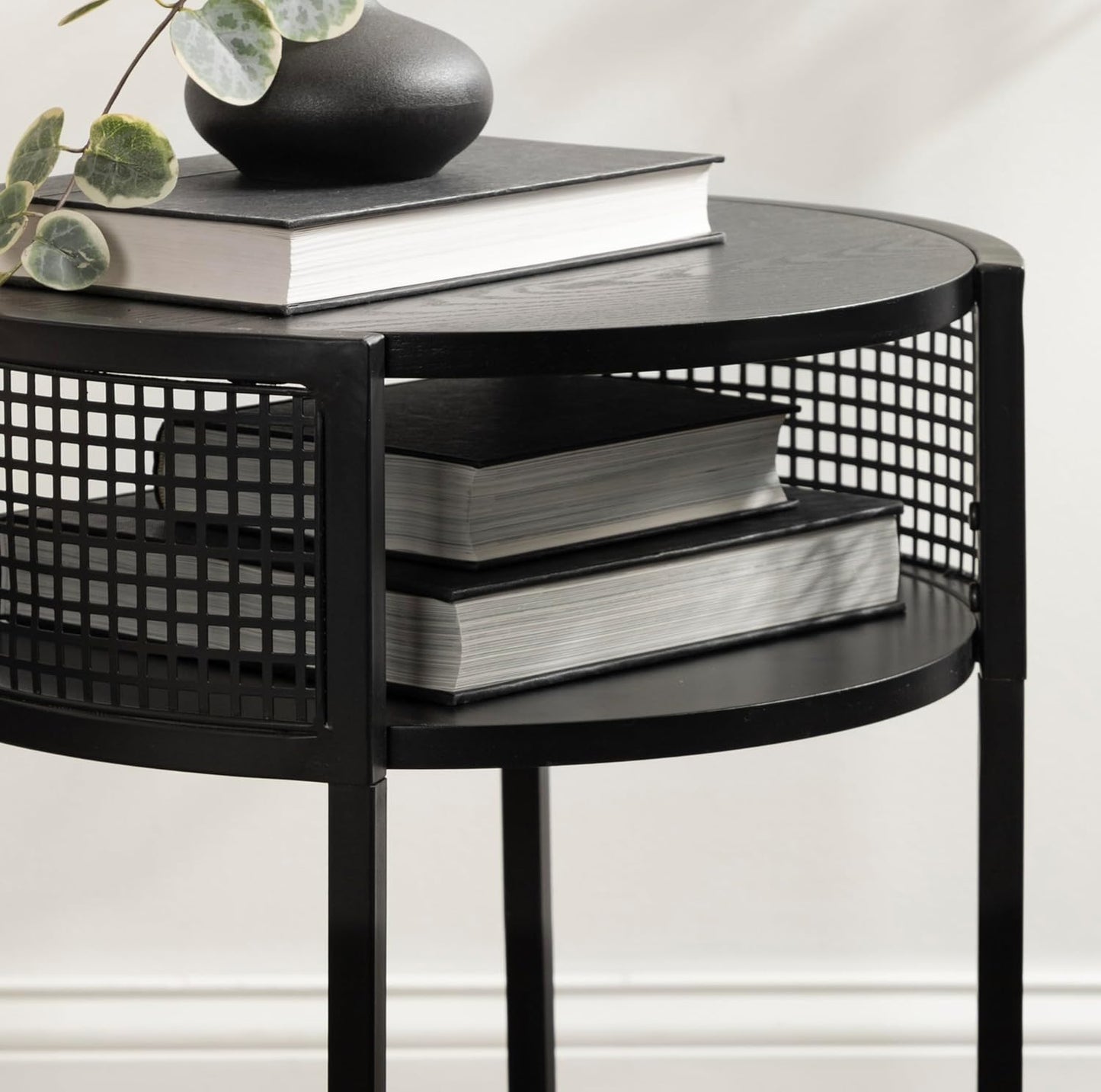 Kate and Laurel Urso Modern Tiered Round Side Table, 16 x 15 x 25, Black, Transitional Two-Tier Circle Living Room Table with Storage and Metal Mesh Construction